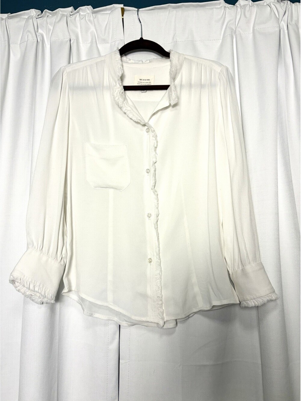 McGuire White Ruffle Fringe Hem Mockneck Button Down Blouse Size Small $178 - Picture 2 of 6